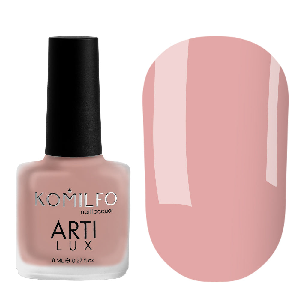 Komilfo ARTI LUX 009 Nail Lacquer 8ml bottle and color swatch (Soft pink-salmon nude enamel polish)