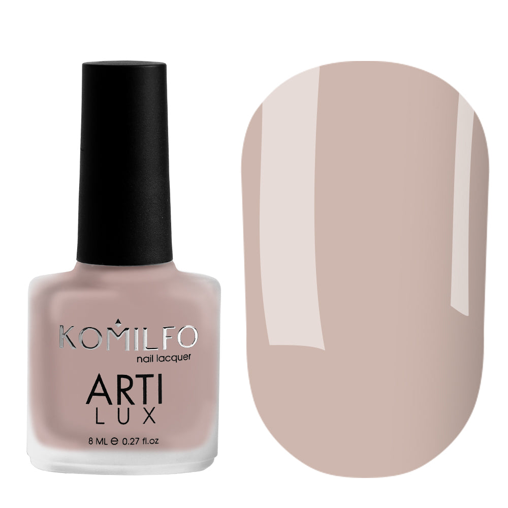 Komilfo ARTI LUX 012 Nail Lacquer 8ml bottle and color swatch (Creamy mocha nude enamel polish)