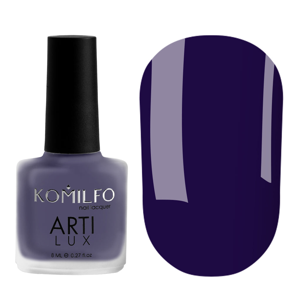 Komilfo ARTI LUX 026 Nail Lacquer 8ml bottle and color swatch (Deep dark blue enamel polish)