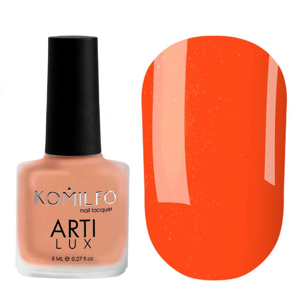 Komilfo ARTI LUX 035 Nail Lacquer 8ml bottle and color swatch (Vibrant orange polish with shimmer)