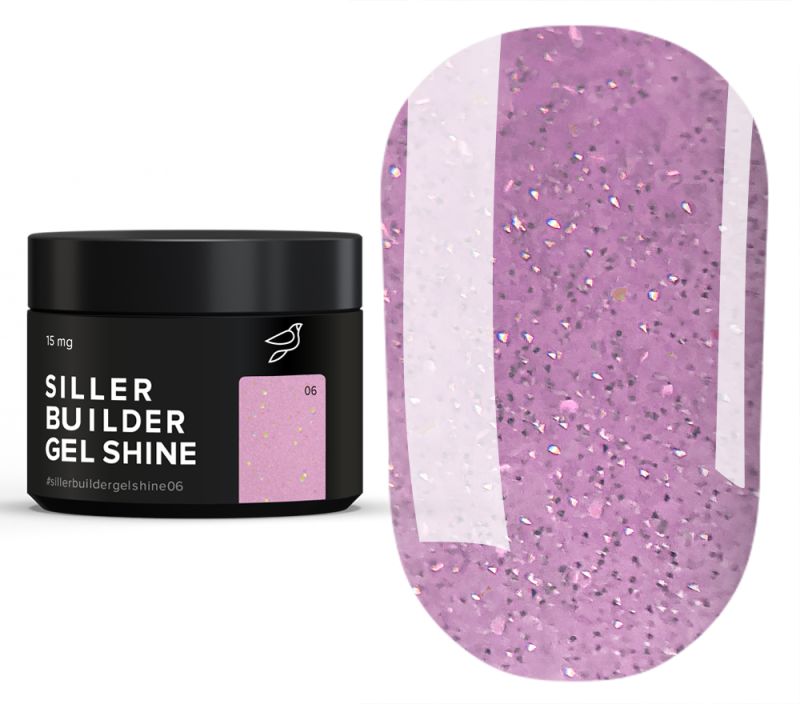 Siller Builder Gel Shine #06 Orchid Pink Shimmer, 15 mg jar. A professional shimmering UV/LED builder gel for decorative nail extensions and strengthening.