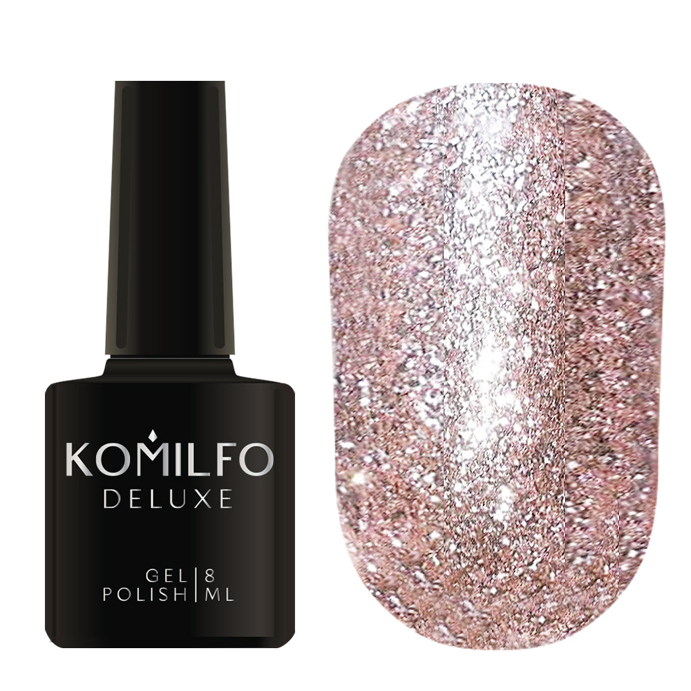 Komilfo Liquid Glam Gel 8ml LGG006 bottle and swatch (Intense, full-coverage metallic lilac/rose sequin glitter)