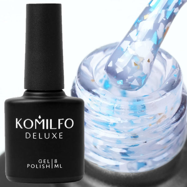 Komilfo Glassy Base GB004 (8ml) bottle and brush (Translucent light blue pigmented base coat with white, blue, and gold/copper confetti/flakes)