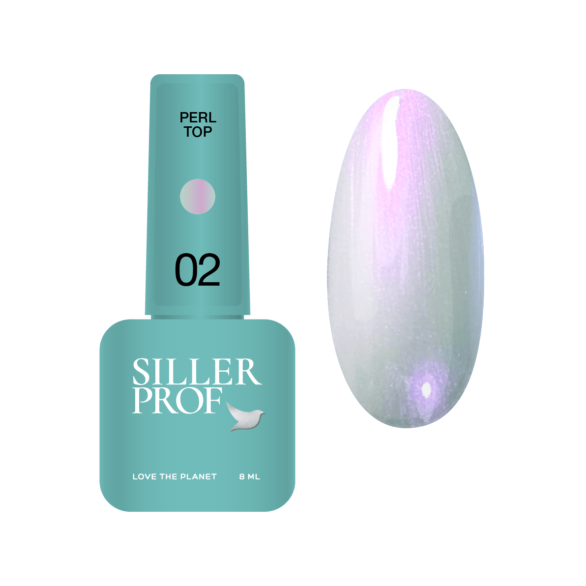 Siller Perl Top #02 in an 8ml bottle. A professional glossy pink iridescent pearl top coat for a shimmering gel polish finish.