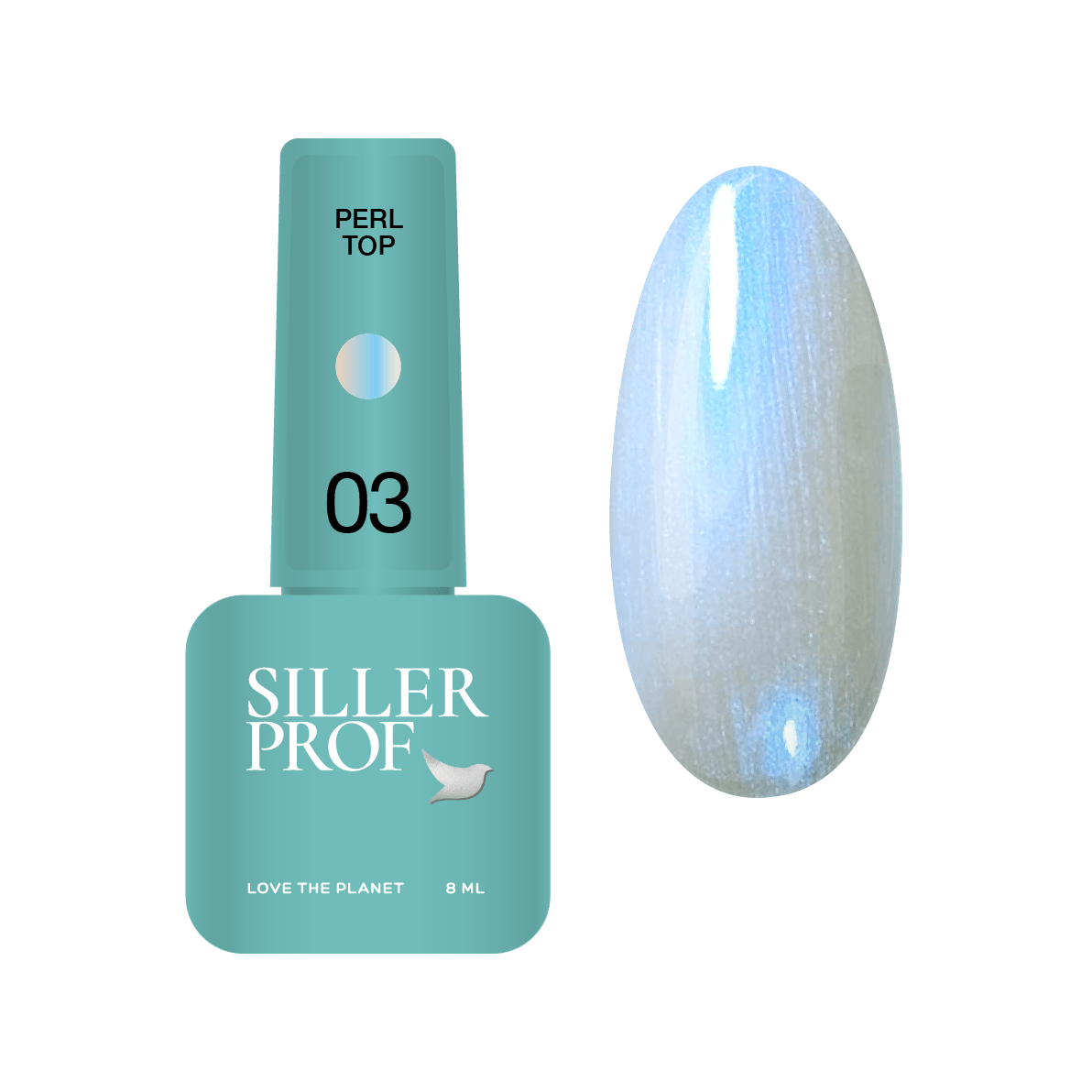 Siller Perl Top #03 in an 8ml bottle. A professional glossy blue iridescent pearl top coat for a shimmering gel polish finish.