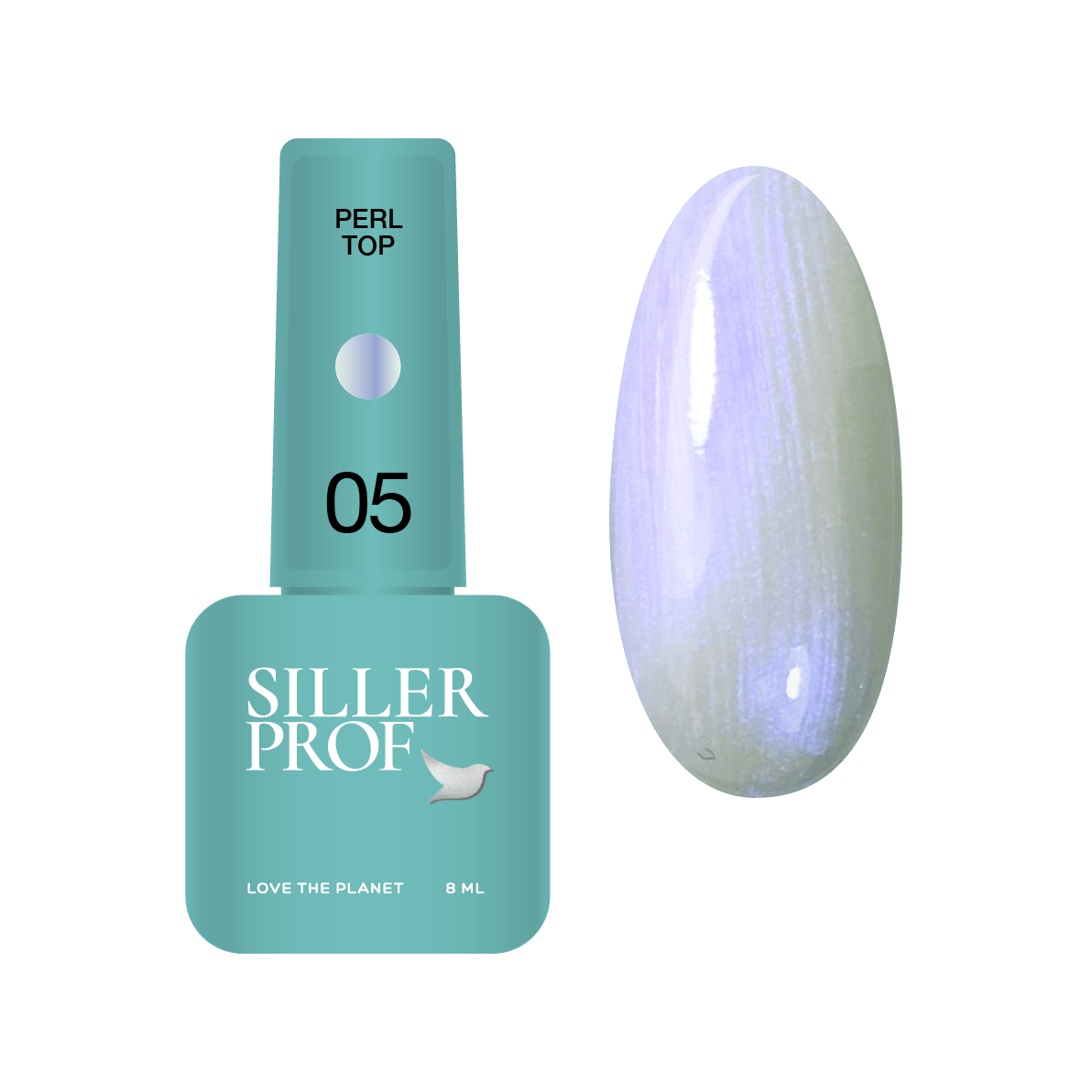 Siller Perl Top #05 in an 8ml bottle. A professional glossy lilac-silver iridescent pearl top coat for a shimmering gel polish finish