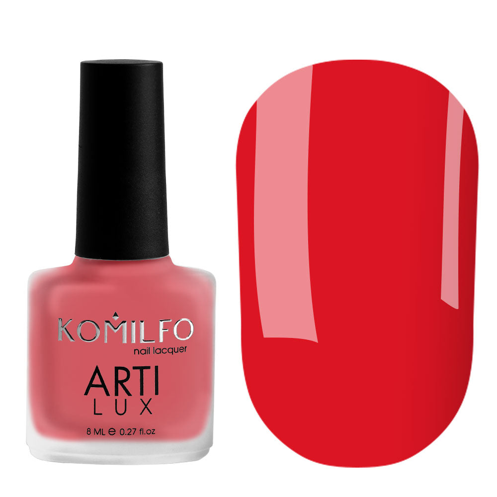 Komilfo ARTI LUX 019 Nail Lacquer 8ml bottle and color swatch (Bright red-pink enamel polish)