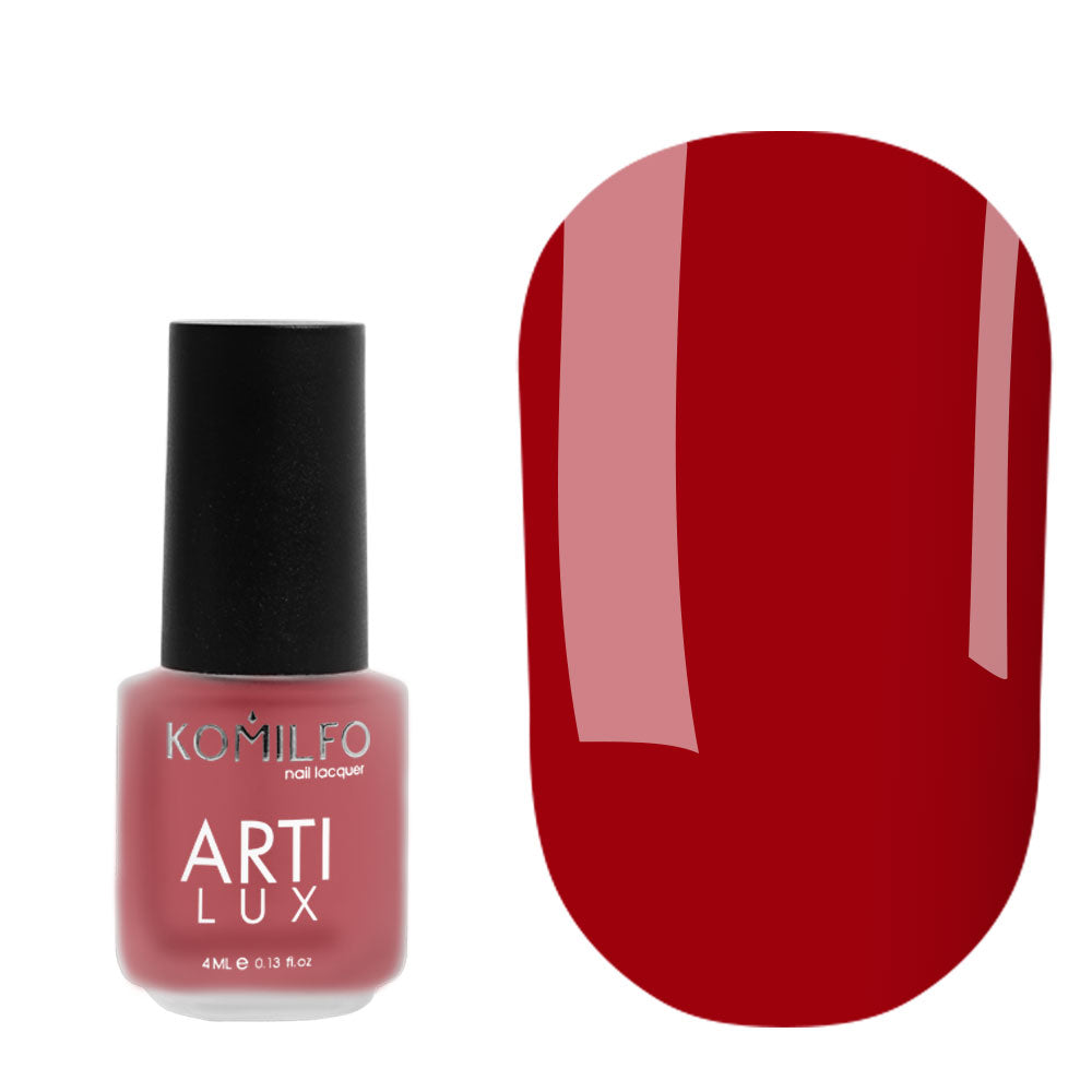 Komilfo ARTI LUX 022 Nail Lacquer 4ml bottle and color swatch (Classic red enamel polish)