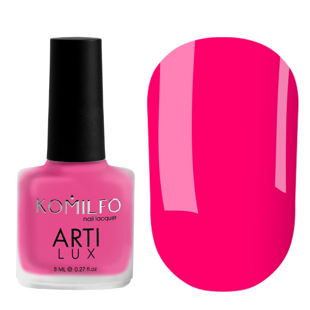 Komilfo ARTI LUX 030 Nail Lacquer 8ml bottle and color swatch (Bright hot pink neon polish)