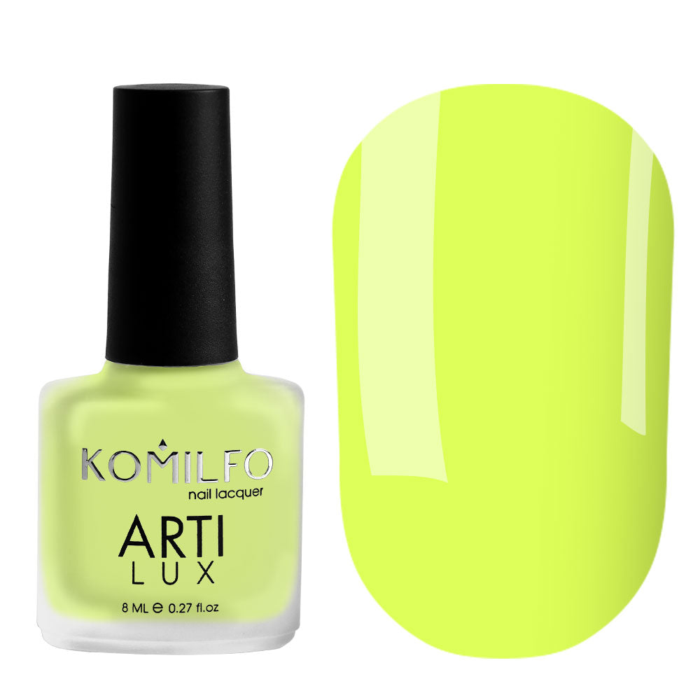 Komilfo ARTI LUX 031 Nail Lacquer 8ml bottle and color swatch (Bright lemon yellow neon polish)