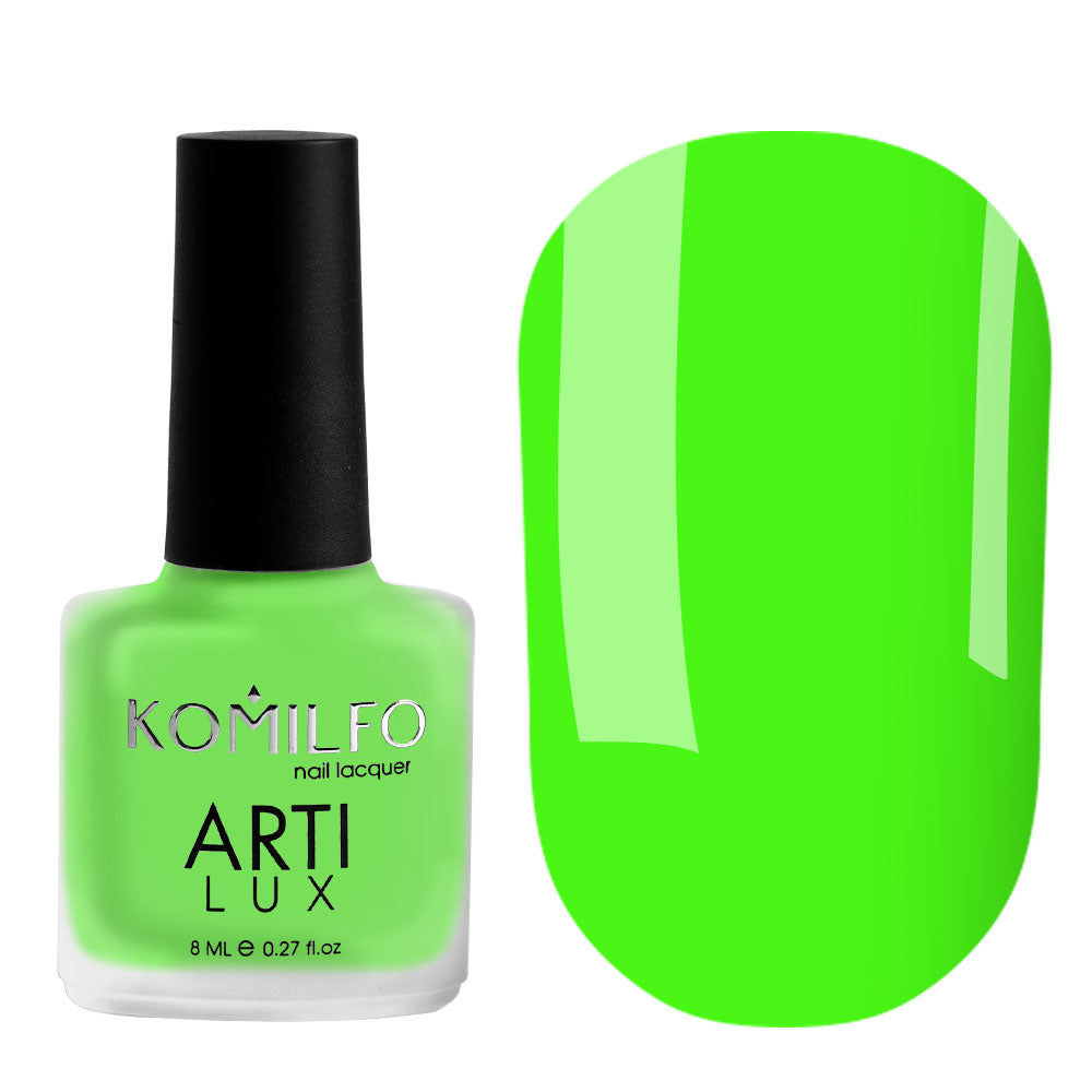 Komilfo ARTI LUX 032 Nail Lacquer 8ml bottle and color swatch (Bright lime green neon polish)