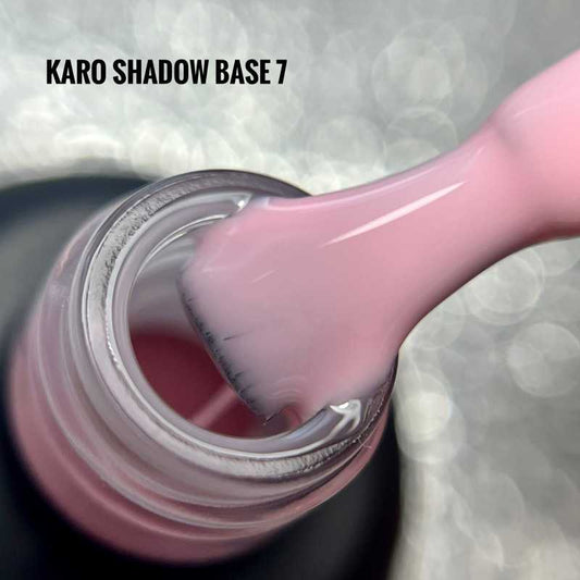 KARO Shadow Base 7 10ml bottle. Professional milky pink rubber base for nail strengthening and soft bubblegum nail designs.