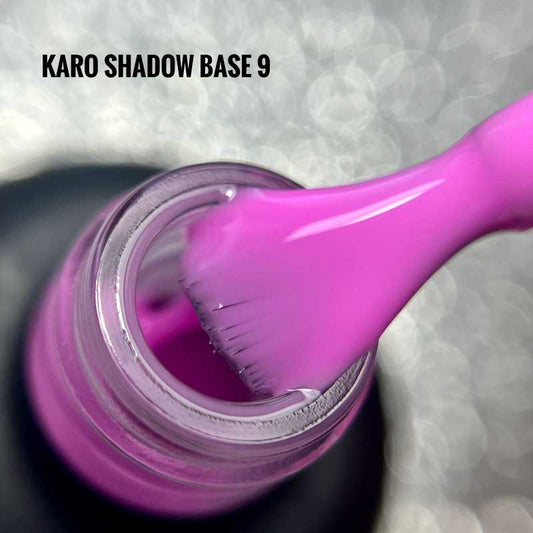 KARO Shadow Base 9 10ml bottle. Professional milky fuchsia rubber base for nail strengthening and bold magenta nail designs