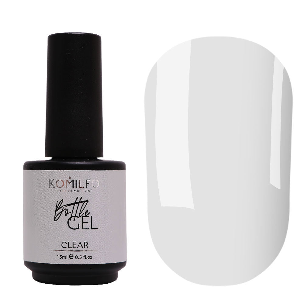 Komilfo Bottle Gel Clear 15ml bottle and transparent color swatch for nail extensions and strengthening