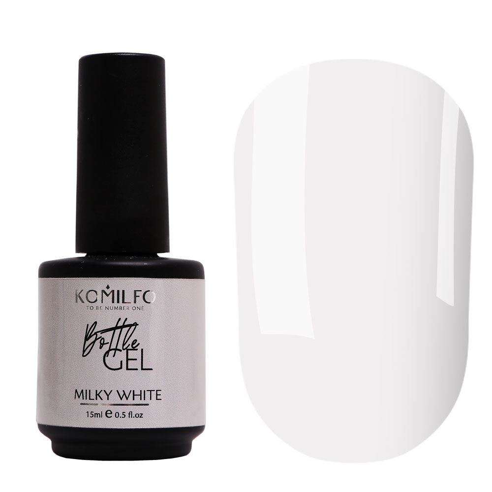 Komilfo Bottle Gel Milky White 15ml bottle and opaque soft milky white color swatch