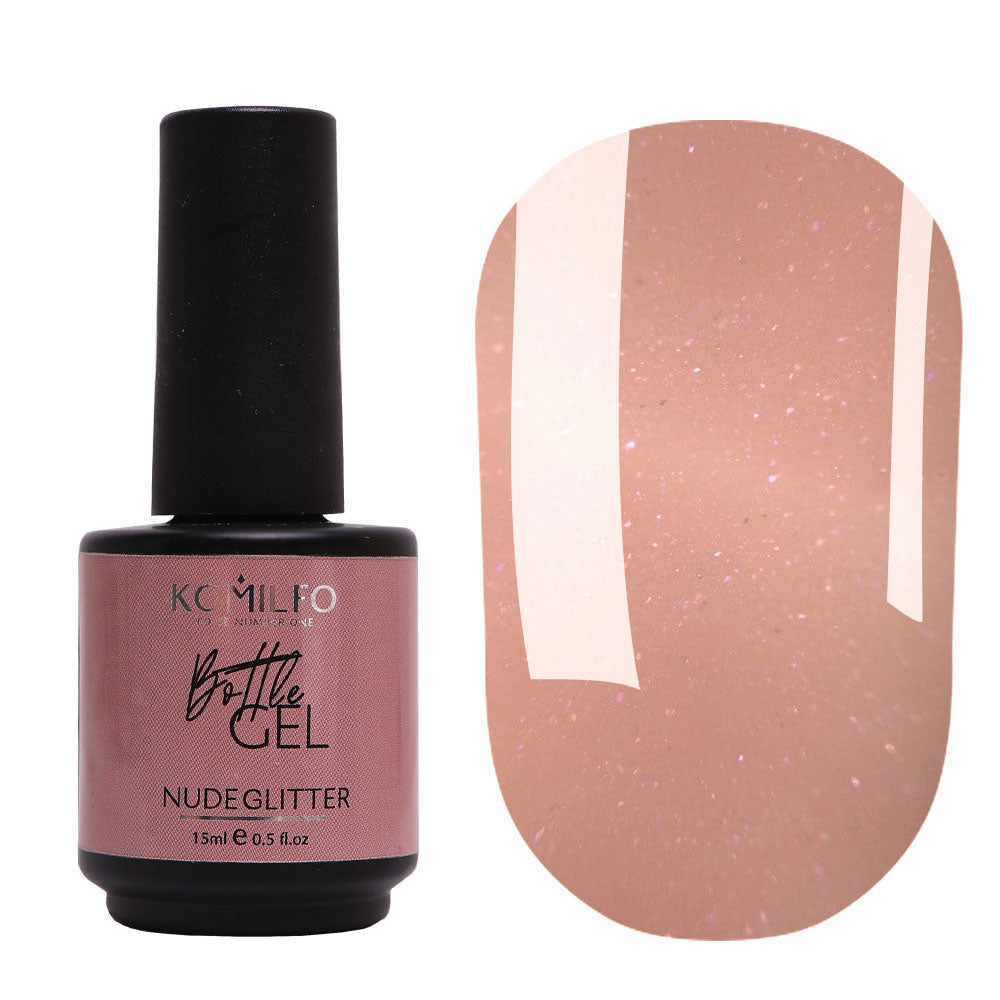 Komilfo Bottle Gel Nude Glitter 15ml bottle and shimmering nude color swatch for nail extensions