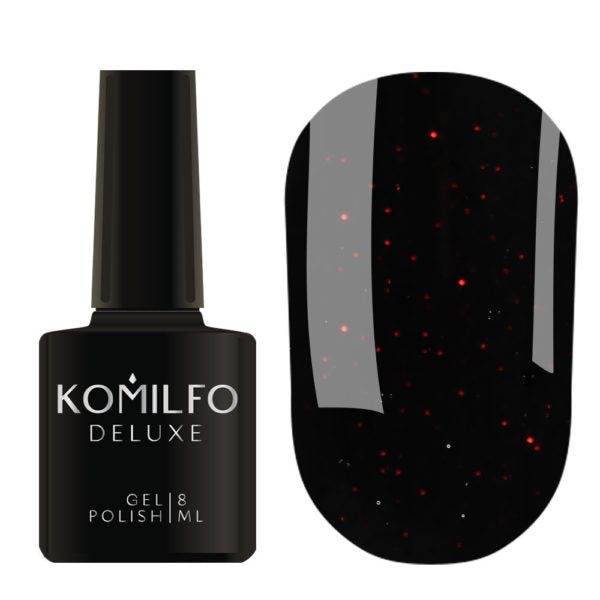 Komilfo Gel Polish Black Red (8ml) bottle and swatch (Opaque black gel polish with red glitter and speckles)