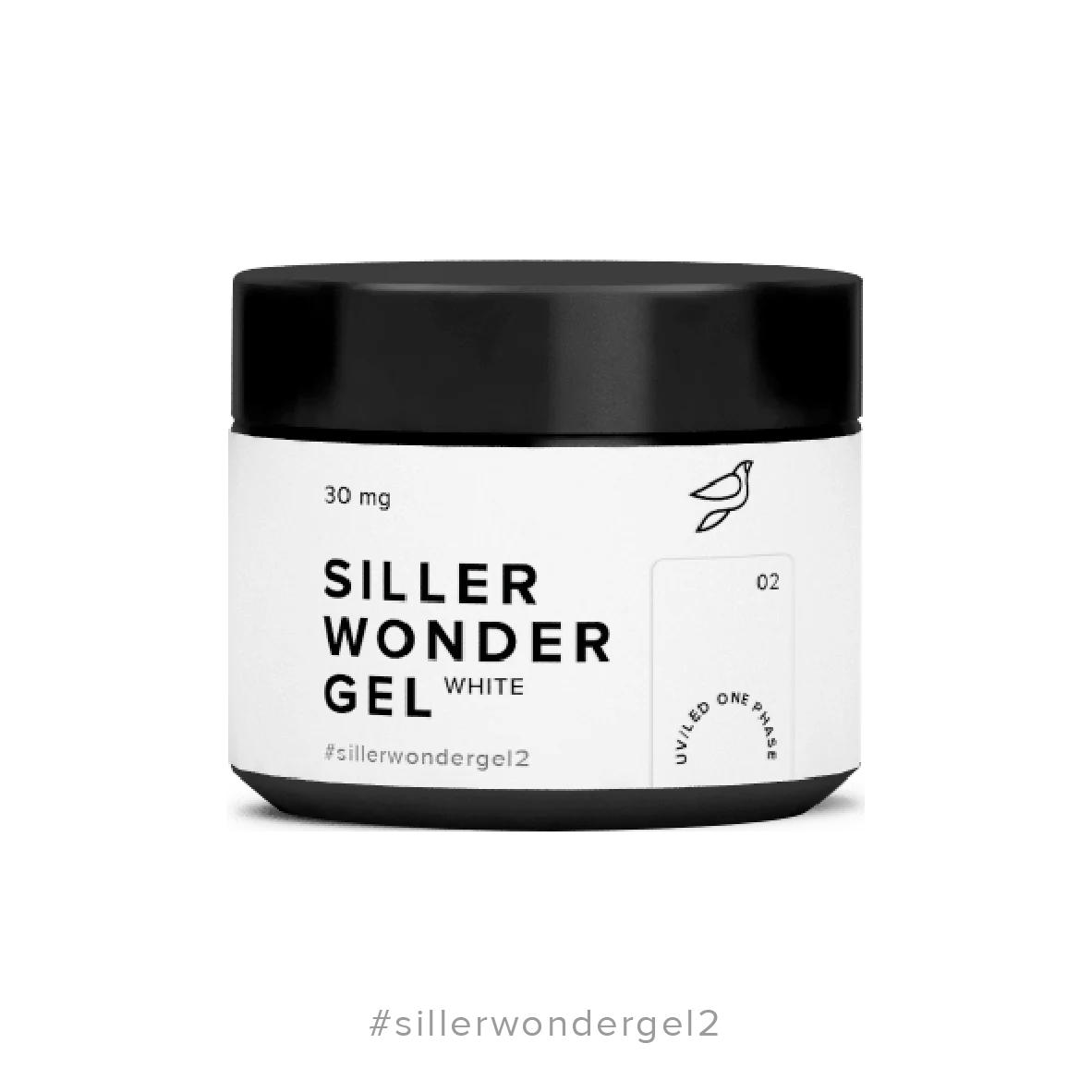 Siller Wonder Gel White #02, 30 ml jar. A professional one-phase UV/LED builder gel for nail extensions and strengthening in a crisp white shade.