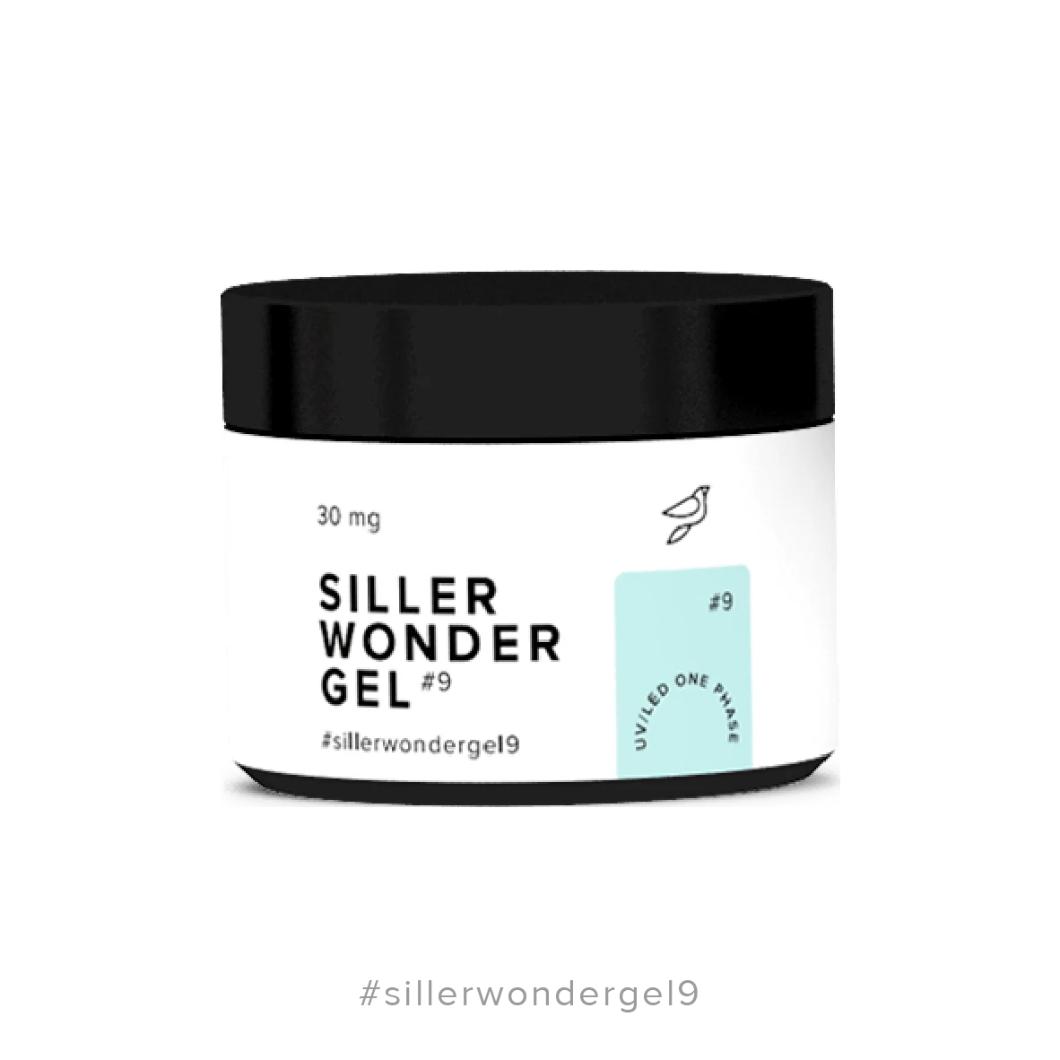 Siller Wonder Gel #9 Gentle Mint, 30 ml jar. A pale seafoam green one-phase UV/LED builder gel for professional nail extensions and architecture.
