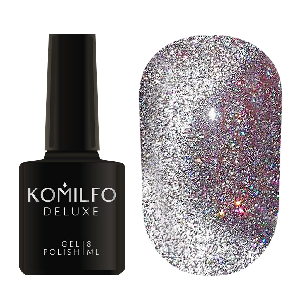 Komilfo Luminous Cat Eye 8ml L001 bottle and swatch (Beige-pink magnetic gel polish with reflective sparkle)