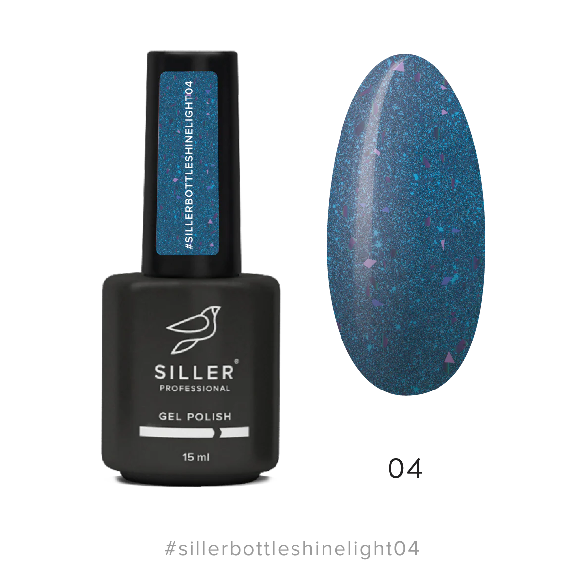 Siller Bottle Shine Light Gel #04 in a 15ml bottle. A professional teal blue builder gel with shimmering decorative potal flakes.