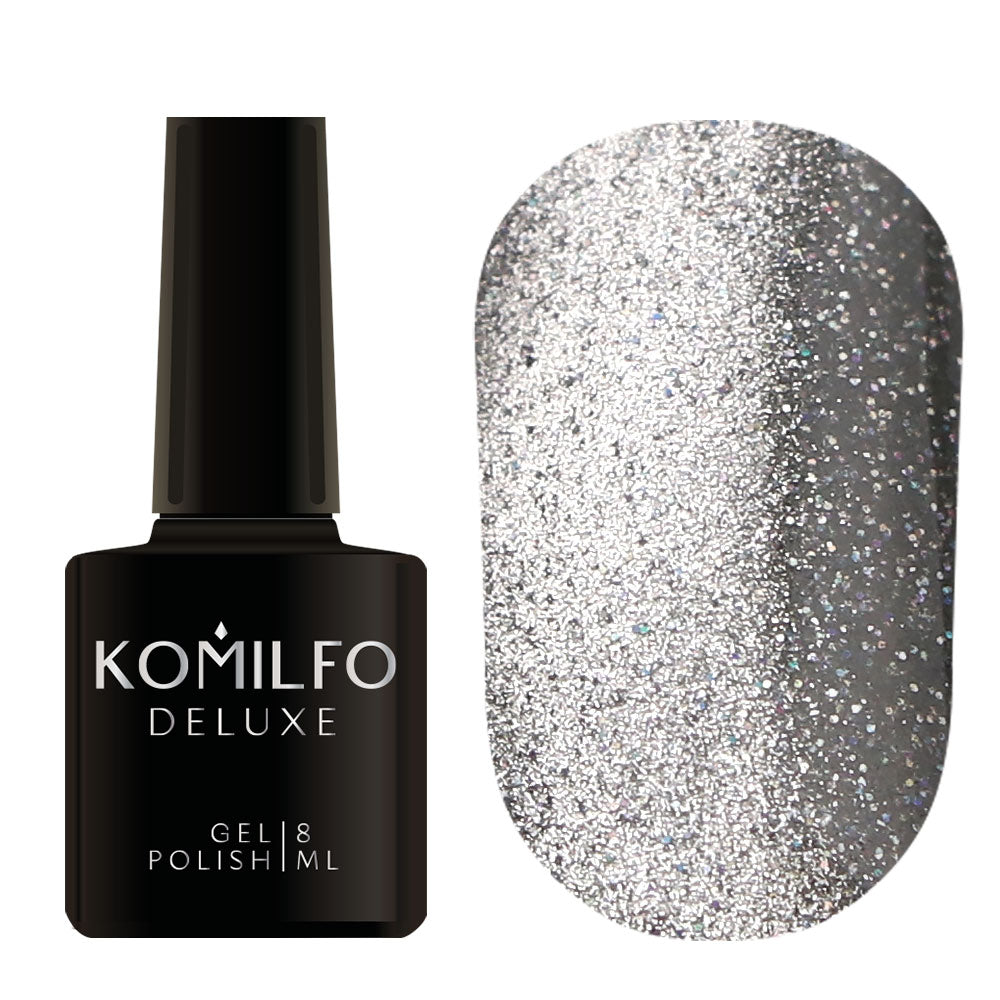 Komilfo Fairytale Cat Eye 8ml F001 bottle and swatch (Intense silver magnetic gel polish with reflective sparkle)