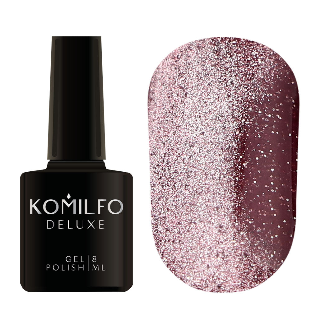 Komilfo Fairytale Cat Eye 8ml F003 bottle and swatch (Tea rose magnetic gel polish with reflective sparkle)