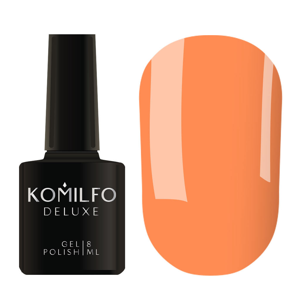 Komilfo Deluxe Gel Polish 8ml K005 Peach Neon (Kaleidoscopic) bottle and swatch (Bright Coral Peach)