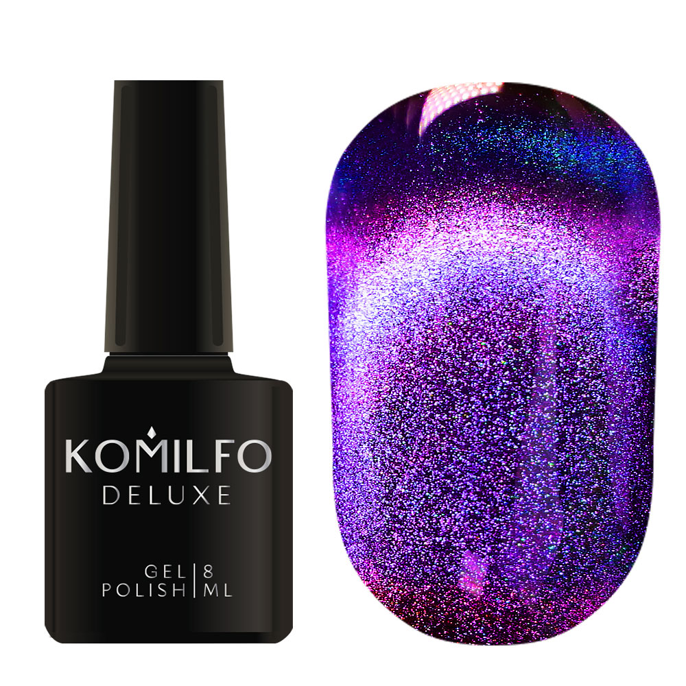 Komilfo 9D Cat’s Eye 8ml 9D004 bottle and swatch (Purple-blue multi-chrome magnetic gel polish)