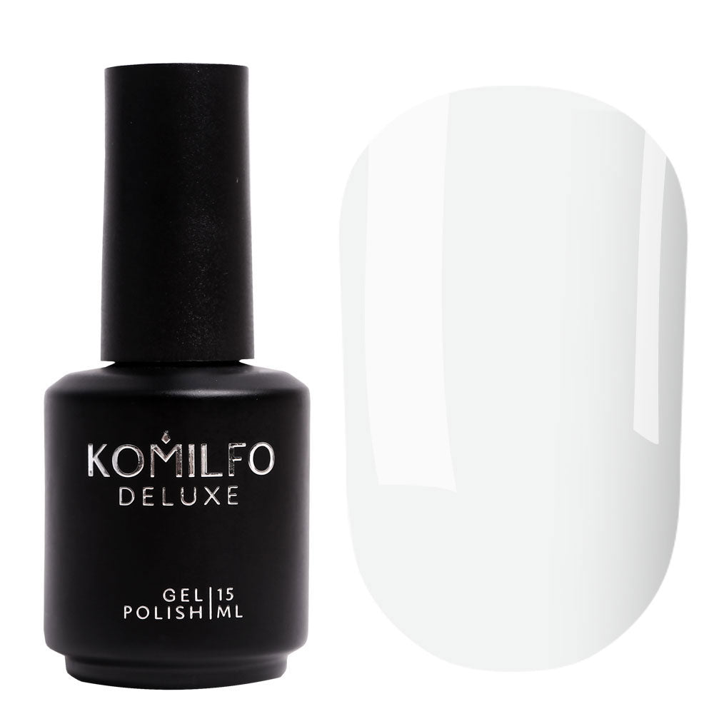Komilfo Deluxe Gel Polish D002 White Porcelain Enamel bottle and swatch (Available in 8ml and 15ml)