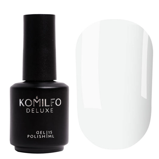 Komilfo Deluxe Gel Polish D002 White Porcelain Enamel bottle and swatch (Available in 8ml and 15ml)