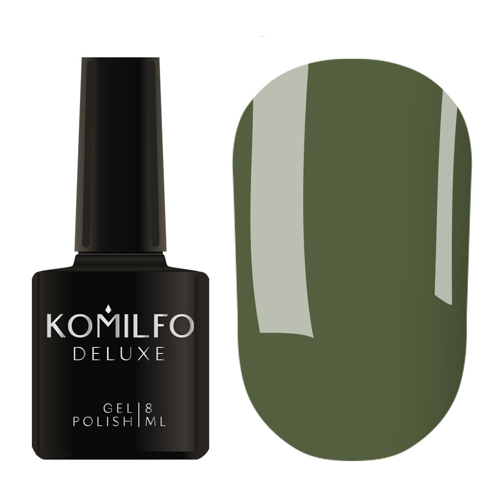 Komilfo Deluxe Gel Polish D158 Khaki Green Enamel bottle and swatch (Available in 8ml and 15ml)