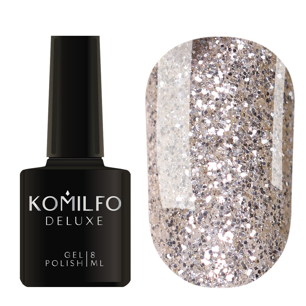 Komilfo Deluxe Gel Polish 8ml G006 Dark Silver Glitter with Golden Sheen bottle and swatch (Intense dark silver glitter with gold reflection)