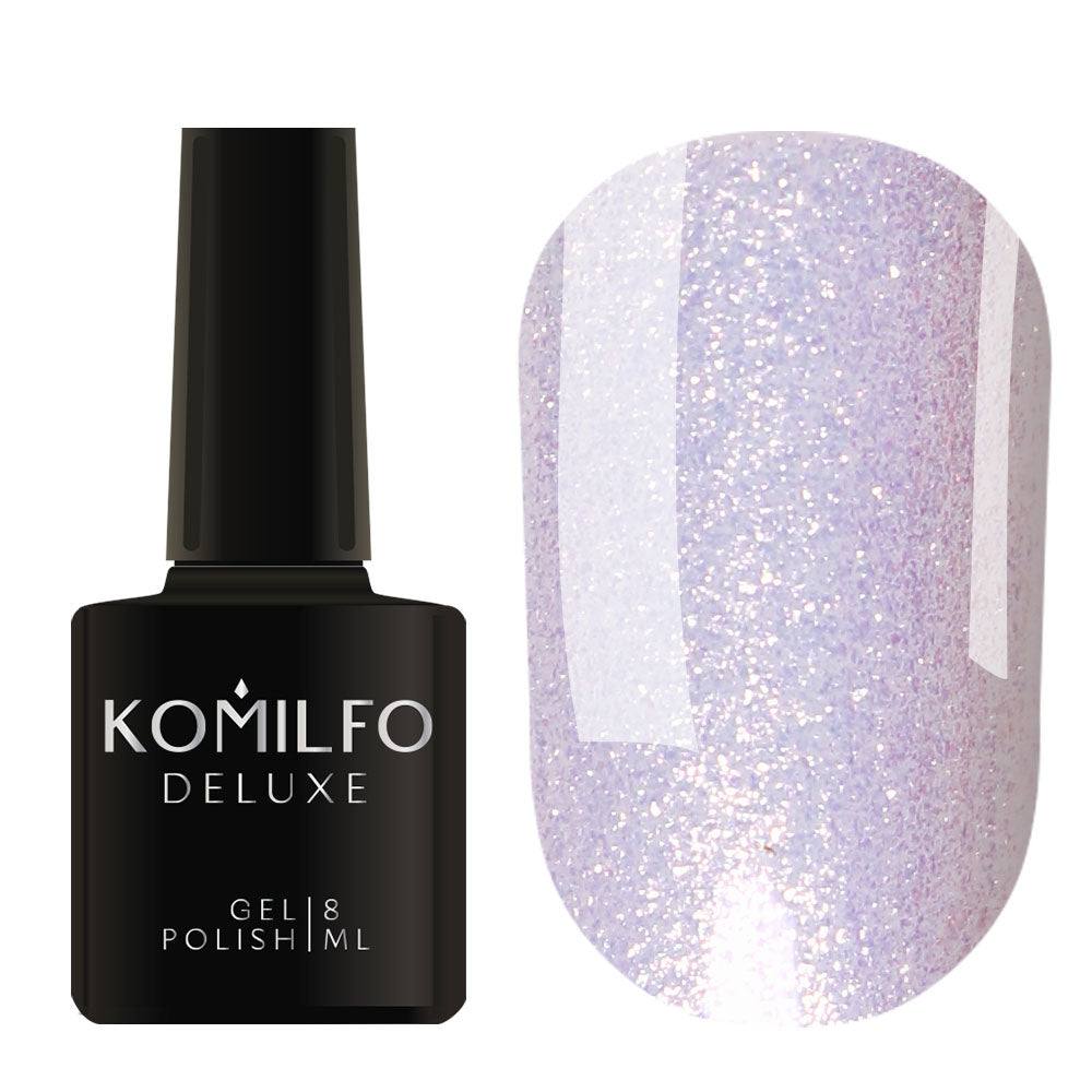 Komilfo Deluxe Gel Polish 8ml G012 Pearl White Micro Shine bottle and swatch (Opalescent white shimmer with pink/lavender flash