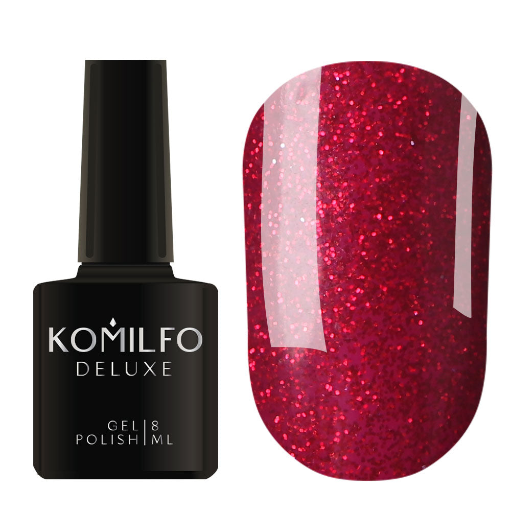 Komilfo Deluxe Gel Polish 8ml G014 Red with Rich Fine Glitters bottle and swatch (Intense, fine ruby red glitter)