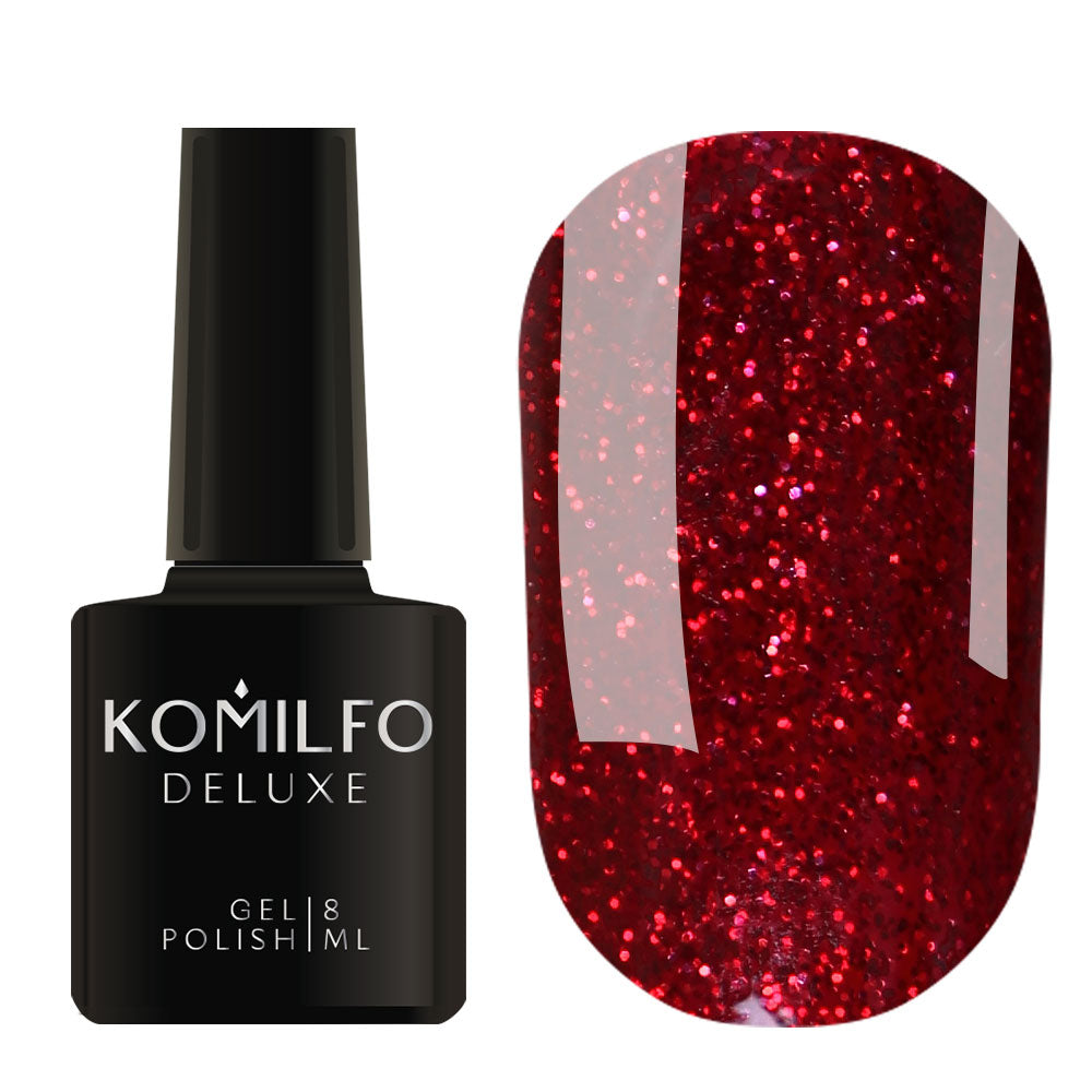 Komilfo Deluxe Gel Polish 8ml G015 Dark Red Glitter bottle and swatch (Intense, deep ruby red glitter)