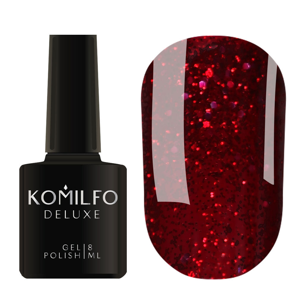 Komilfo Deluxe Gel Polish 8ml G016 Cherry Red Glitter bottle and swatch (Intense, mixed-size cherry red glitter)