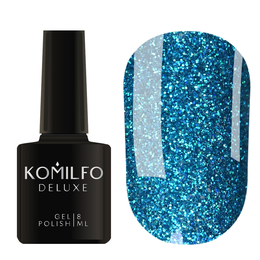 Komilfo Deluxe Gel Polish 8ml G020 Turquoise Micro-Shine bottle and swatch (Intense, fine metallic turquoise glitter)