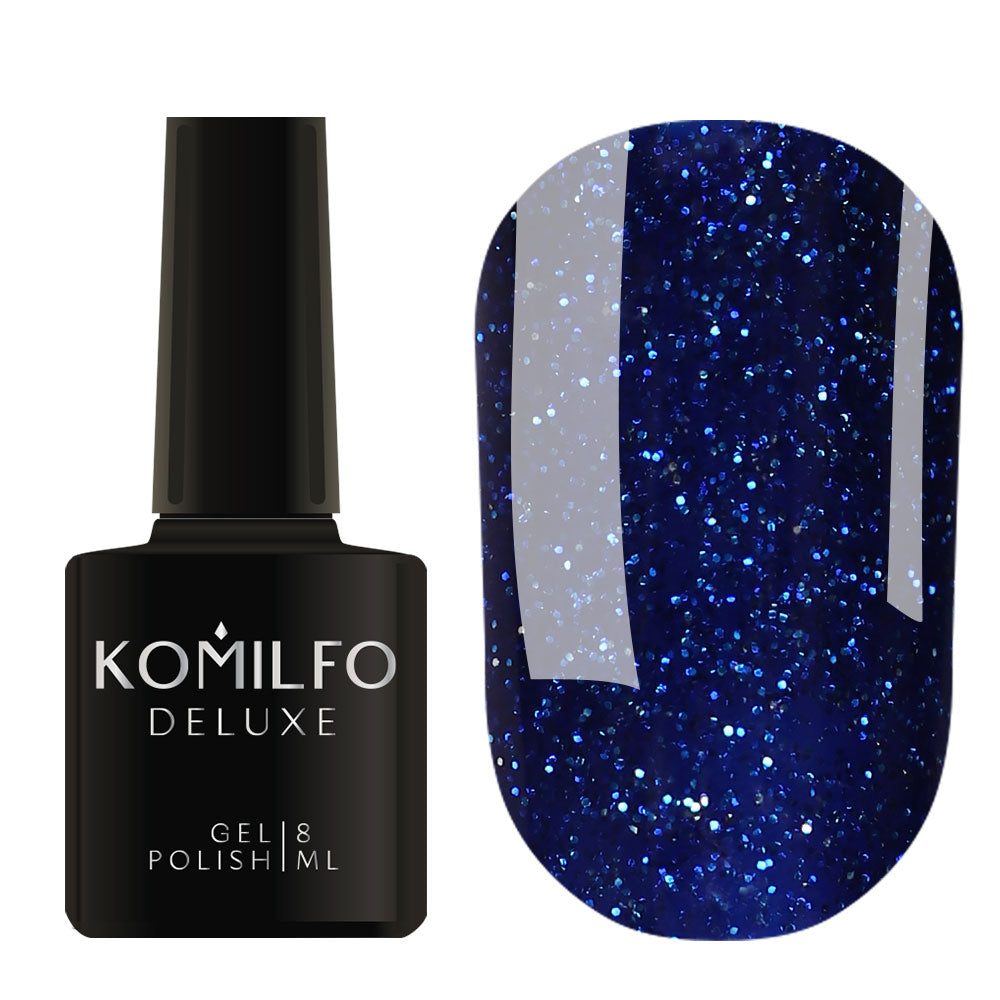 Komilfo Deluxe Gel Polish 8ml G021 Deep Blue with Silver Glitters bottle and swatch (Intense, full-coverage royal blue glitter)