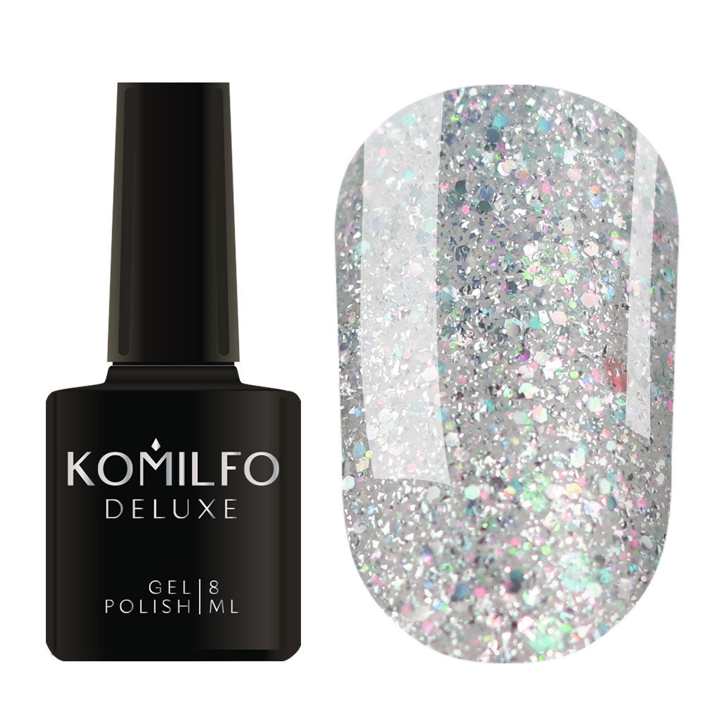 Komilfo Glow Attack 8ml G001 bottle and swatch (Intense, full-coverage silver holographic glitter)