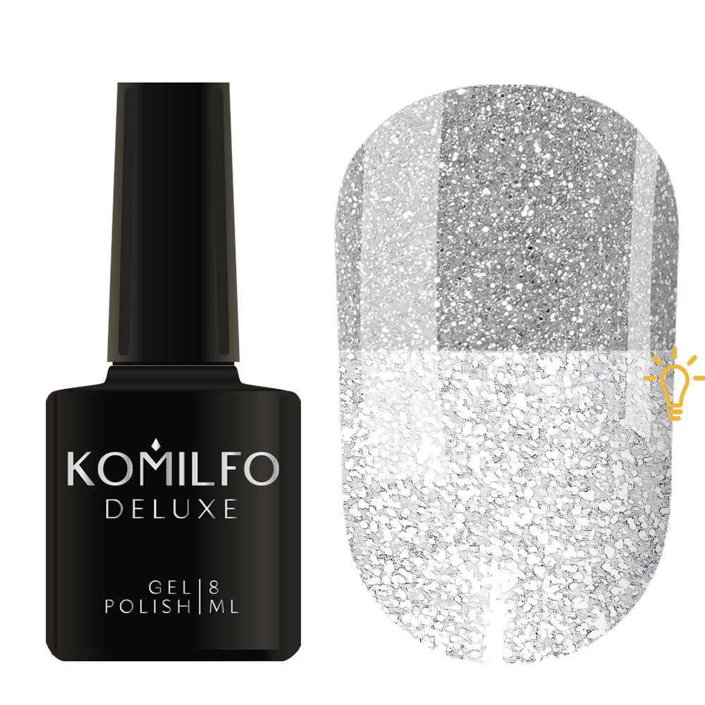 Komilfo Luminous Collection 8ml L001 bottle and swatch (Intense, full-coverage silver reflective glitter)