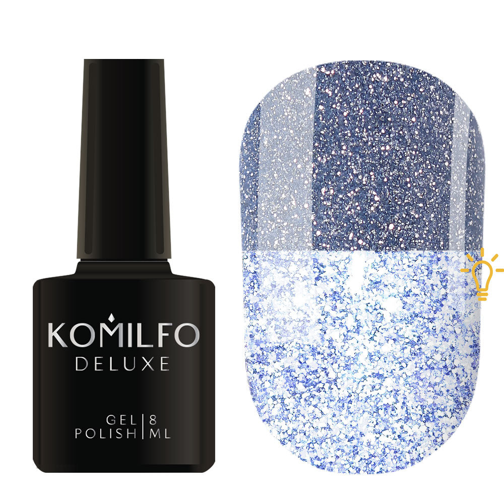 Komilfo Luminous Collection 8ml L003 bottle and swatch (Intense, full-coverage dark blue reflective glitter that flashes bright blue/white)