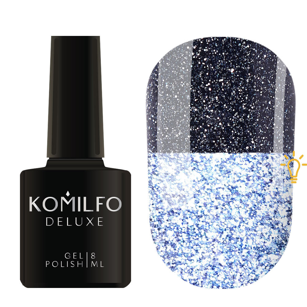Komilfo Luminous Collection 8ml L007 bottle and swatch (Intense, full-coverage dark blue-gray reflective glitter that flashes bright white/blue)