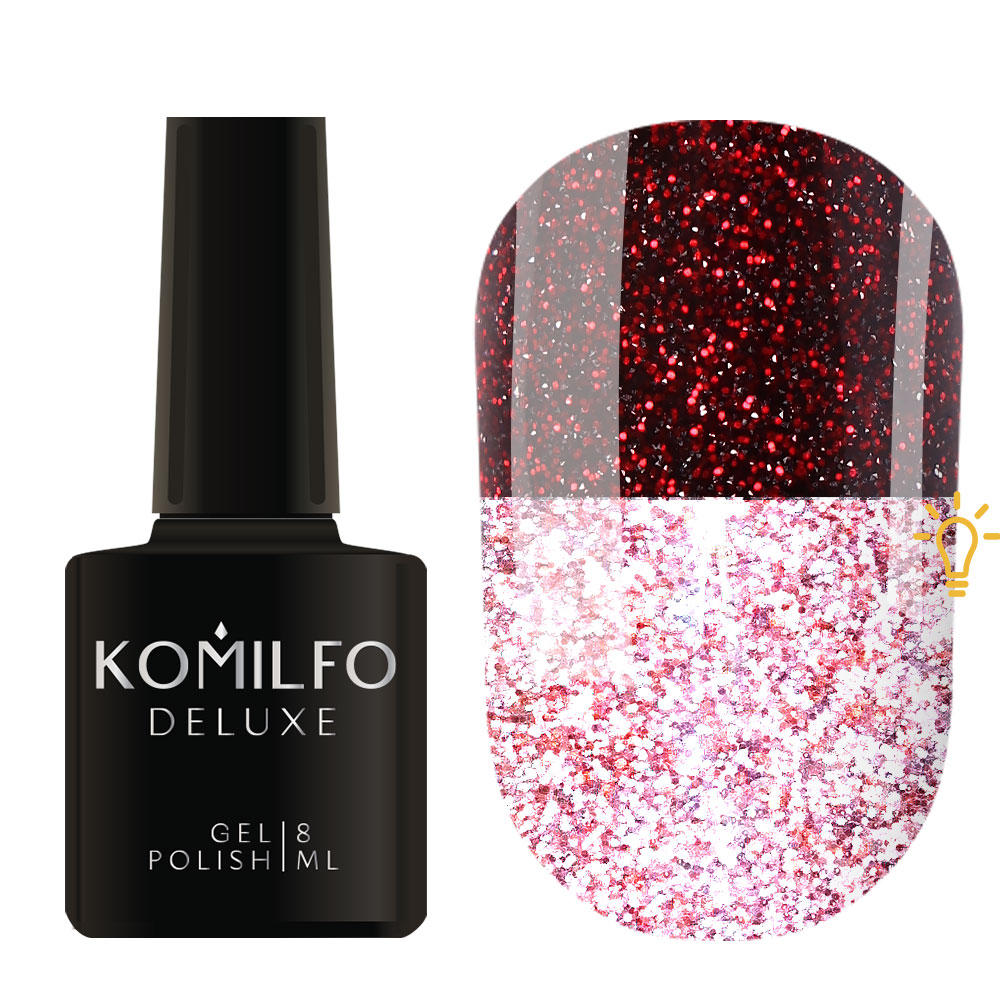 Komilfo Luminous Collection 8ml L008 bottle and swatch (Intense, full-coverage burgundy reflective glitter that flashes bright pink/white)