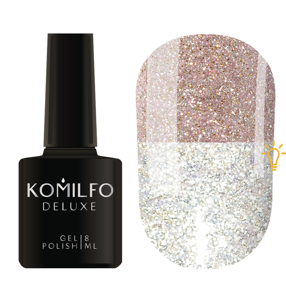Komilfo Luminous Collection 8ml L011 bottle and swatch (Intense, full-coverage golden reflective glitter that flashes bright white/silver)