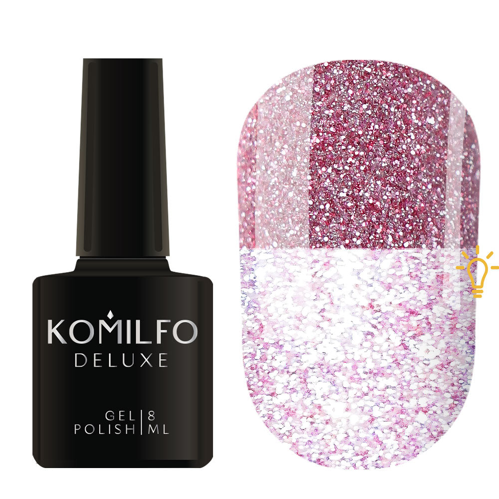 Komilfo Luminous Collection 8ml L012 bottle and swatch (Intense, full-coverage pink reflective glitter that flashes bright white/light pink)