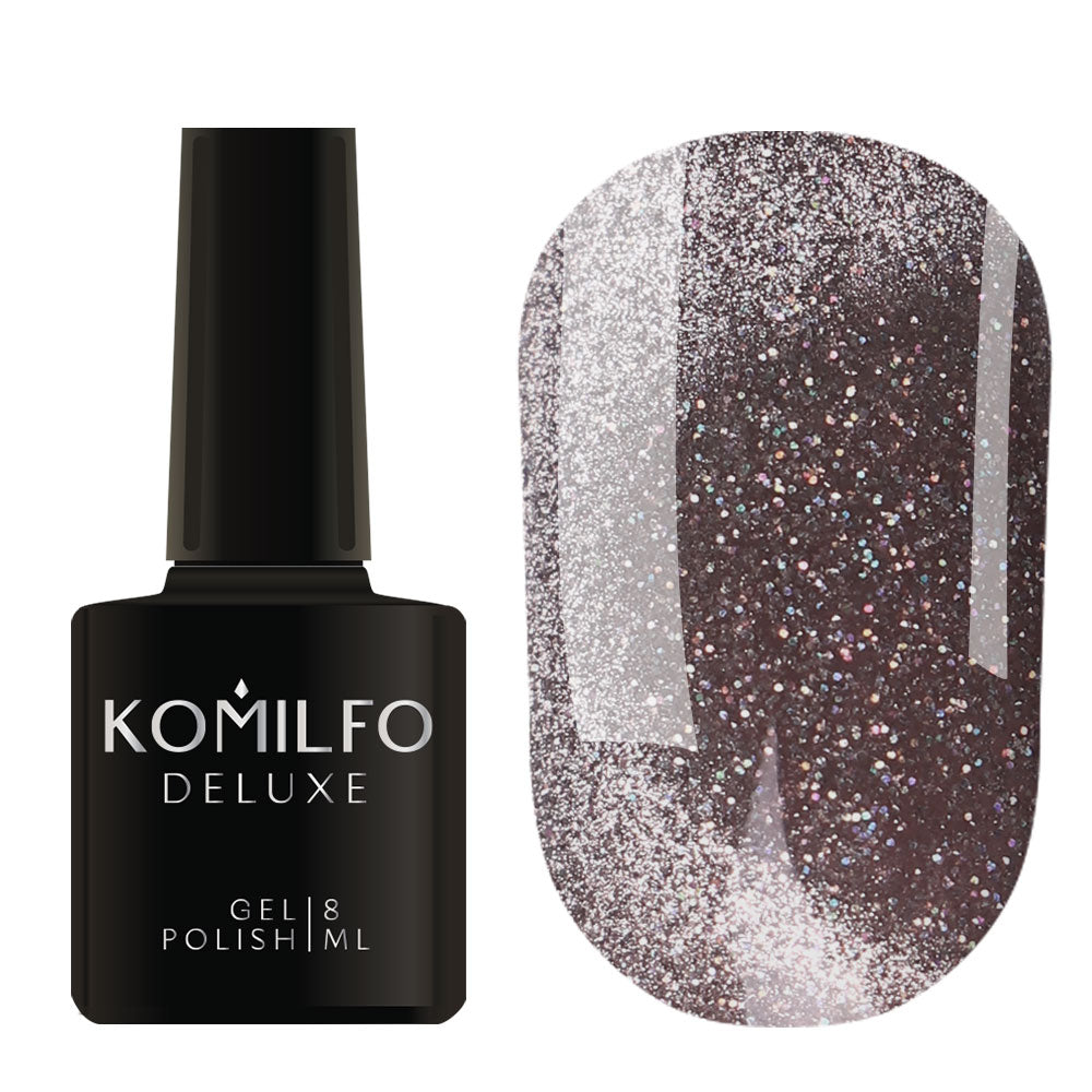 Komilfo Luminous Cat Eye 8ml L003 bottle and swatch (Deep coffee brown magnetic gel polish with reflective sparkle)