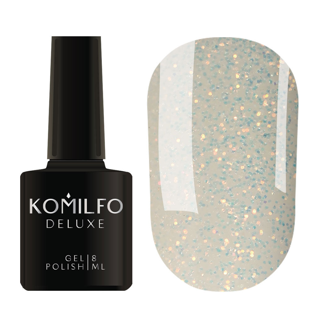 Komilfo Moon Crush 8ml MC001 bottle and swatch (Transparent base with iridescent/golden fine glitter sparkles, nail topper)
