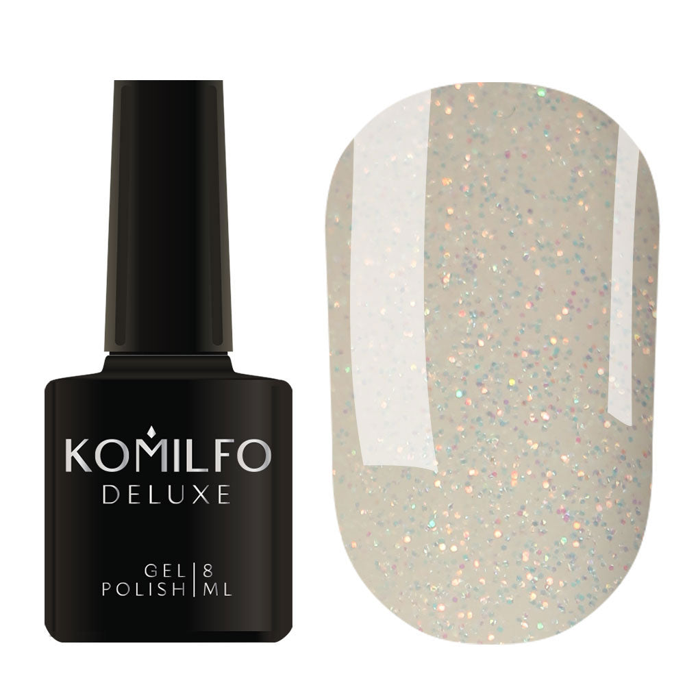 Komilfo Moon Crush 8ml MC002 bottle and swatch (Transparent base with iridescent orange and green fine glitter sparkles, nail topper)