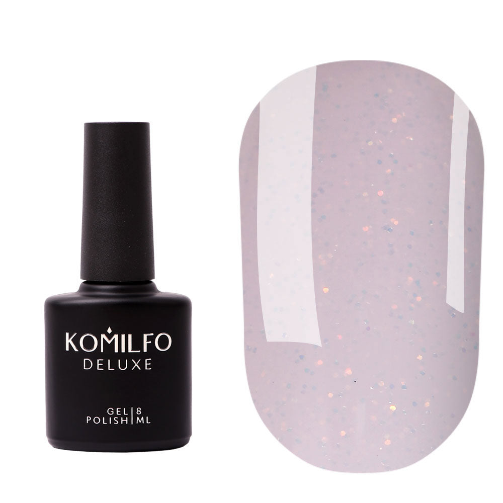 Komilfo Moon Crush Base #103 (8ml) bottle and swatch (Translucent milky pink pigmented base coat with gold and holographic glitter)